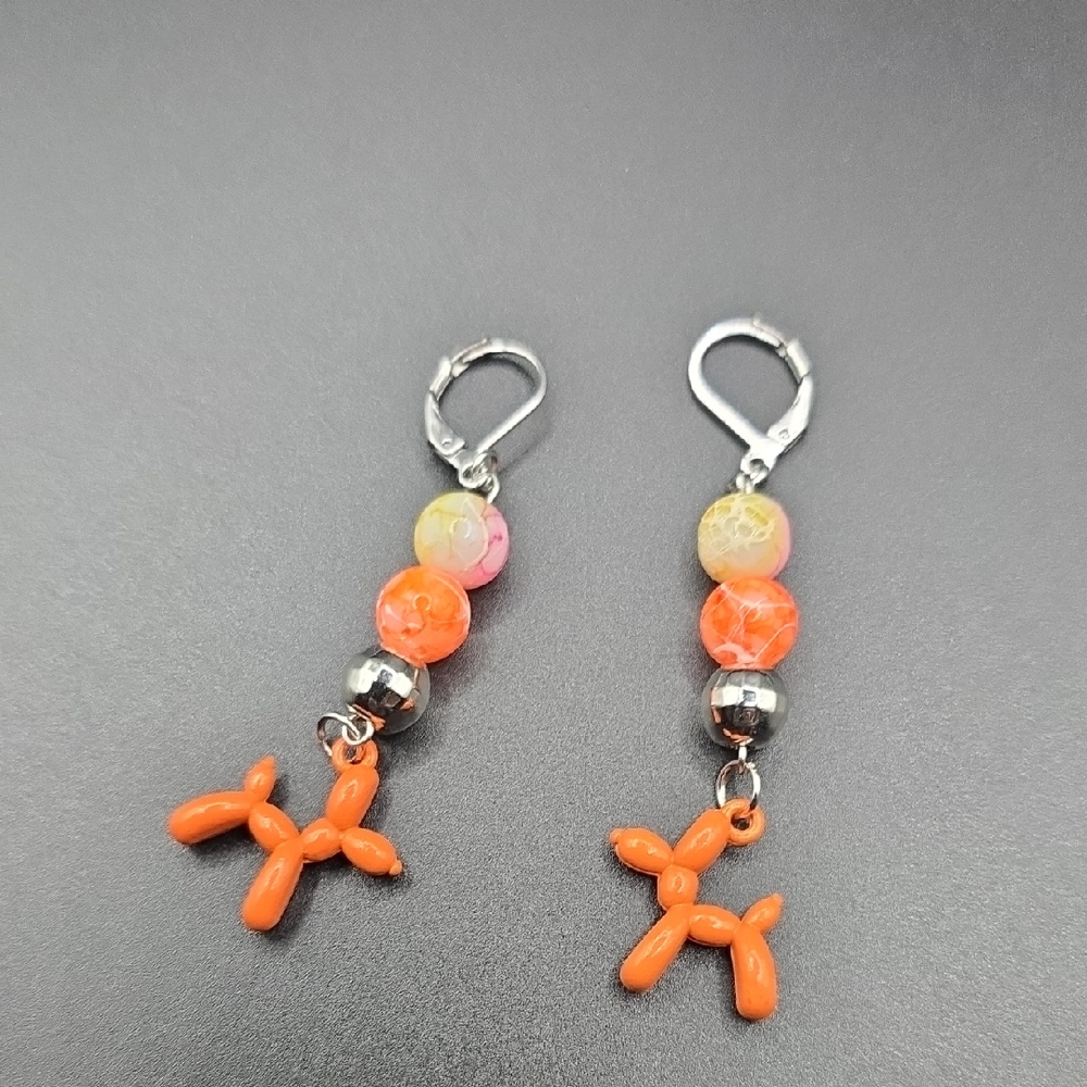 Orange Balloon Dog Earrings with Disco Ball Beads – Playful Statement Jewelry